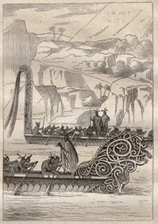 James Cook kapitány (1728-1779) második útja (1772-1775): Neo-Zelandans háborús kenuk (Neo Zelandaises) – az illusztráció a „” A 18. századi nagy tengerészek” című könyvből vett.