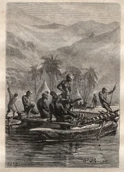 James Cook kapitány (1728-1779) második útja (1772-1775): a bennszülötteknek volt elég magabiztosságuk ahhoz, hogy közeledjenek és cseréljenek (Új-Kaledónia) – az illusztráció a „18. századi nagy tengerészek” c.