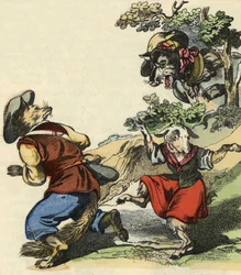 A farkast meglátva Róka mester elmenekült, így a kis Chevrette veszélyben volt. A „Bon medor és a kis Chevrette” című mese illusztrációja. A „” Mesék otthonról a kicsiknek” c. századi névtelen metszet.