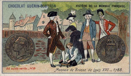 A francia valuta története sorozat, amelyet a Chocolat Guérin Boutron adott ki. 19. századi kromolitográfia. XVI. Lajos bronzérme 1788-ban