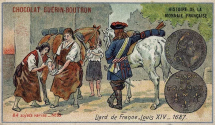 A francia valuta története sorozat, amelyet a Chocolat Guérin Boutron adott ki. 19. századi kromolitográfia. Liard Franciaországból. XIV. Lajos 1687-ben