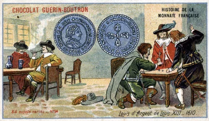 A francia valuta története sorozat, amelyet a Chocolat Guérin Boutron adott ki. 19. századi kromolitográfia. XIII. Lajos Ezüst Lajos 1610-ben