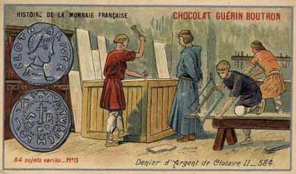 A francia valuta története sorozat, amelyet a Chocolat Guérin Boutron adott ki. 19. századi kromolitográfia. Ezüst Denier of Clotaire (Clotaire) II 584-ben