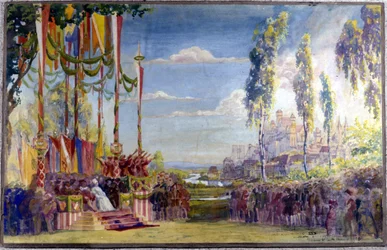 A „Die Meistersinger” vagy a „Nürnbergi mesterénekesek” című operájának díszlete, Richard Wagner. törvény II.