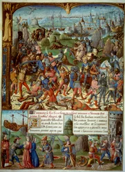 Hetedik keresztes hadjárat (1248-1254). A tetején IX. Lajos (Szent Lajos) (1215-1270), francia király, az átkelőkkel, miután 1250-ben a szaracénok legyőzték Manszúránál. Visszavonultak Damaszkusz tornyai mögé. IX. Lajost és két testvérét elviszik