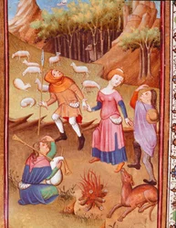 Fatűz mellett pihenő pásztorok Miniatűr a portugál I. (Duarte) Eduárd (1391-1438) óráiból, 15. századi Lisszabon, Torre do Tombo