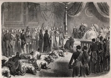 Sziámi nagykövetek a francia császári család felé kúsznak egy ünnepélyes audiencián Fontainebleau-ban III. Napóleon (1808-1873), Eugenie (Eugenia de Montijo) jelenlétében.