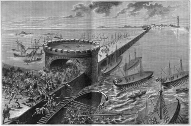 Alexandria ostroma Jules Cesar által ie 47-ben Cesar galere a megszálló katonák súlya alatt. Metszet 1885-ből.