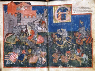 Pamplona ostroma Spanyolországban, Nagy Károly Miniatűrje az „Entree of Spain”-ból. 14. századi Velence, Biblioteca Marciana.
