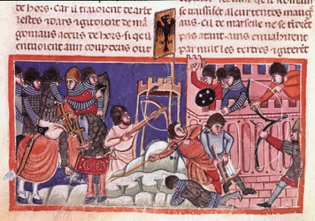 Egy megerősített város ostroma. Miniatűr Jules Cesar (Kr. e. 101-i. e. 44) tényeiről szóló kódexből 14. századi Velence, Biblioteca marciana