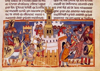 Egy megerősített város ostroma A tizenkét Cesar életét bemutató miniatűr „A rómaiak tényei” című filmből. 13. századi Velence, biblioteca Marciana
