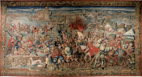 A hatodik itáliai háború (1521-1526): az 1525. 24/02-i paviai csata ábrázolása, amelyben I. Ferenc vereséget szenvedett V. Károlytól. Kárpit. Nápoly, Museo Nazionale di Capodimonte.