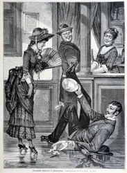 Korcsolyázási jelenet egy sörfőzdében. Egy fiú elesik és összetöri a rajta lévő tányérokat (1883).