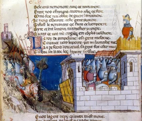 A gesztus éneke: a felvonóhíd által védett, várba menekült ellenséges hadsereg megtámadására feltartóztatott hadsereg. Miniatűr a francia-olasz „” Entree d