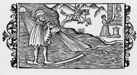 Varázsló, aki lottón kel át a tengeren – Olaus Magnus "Az északi nemzetek története" című könyvében, Róma, 1555