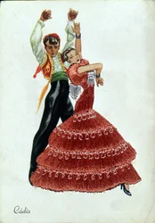 Spanyol flamenco táncosok hagyományos ruhákban.