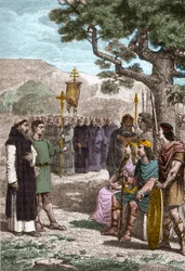 Canterburyi Szent Ágoston († 604) prédikál Ethelbert (552? -616) kenti angolszász király előtt, akit 597-ben megkeresztelt - Ágoston I. Gergely pápa küldte, hogy térítse át az angolszászokat a kereszténységre - Canterbury Szent Ágoston képviselete ( d. 604