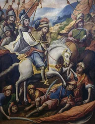 Szent Jakab lóháton mórokat öl, részlet a Paravento della conquista (A hódítás paravánja) című műből, egy ismeretlen 17. századi művésztől, 213x550 cm, Mexikó