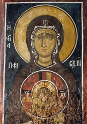 Szent Paraszkevi, Nagypéntek megszemélyesítése a Legfelsőbb Alázat Krisztus ikonját tartó, freskó (1332-1333), bizánci Asinou Boldogasszony templom (XII. század) (Unesco Világörökségi Lista, 2001) Troodos hegység, Ciprus