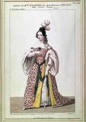 Juliette Drouet kisasszony jelmeze Negroni hercegnő szerepéhez Victor Hugo „Lucrezia Borgia” című művében. 19. századi metszet