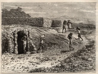 Kén – kénbánya Girgentiben, Szicíliában – Louis Figuier vésése a „Les Merveilles de l