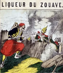 Tag „” Zouave Liqueur””: egy Zouave, amely ellenségei ellen harcol. n.d. 19. század