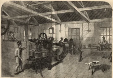 Távírás: transzatlanti kábel gyártása a Glass, Elliot and Company East Greenwich-i (Anglia) üzemben. Gravírozás a március 14-i „” The Illustrated London News”-ba
