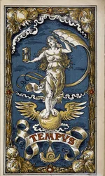 Tempus: idő allegóriája (női alak homokórával, széllel, szárnyakkal), illusztráció az 1889-es naptárhoz.