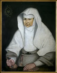 Pierrette Monnet patikus nővér (1557-1628), a Hotel Dieu de Beaune-ban. Egy mozsárral ábrázolva, és a mozsártörőjének a keze van. Névtelen festmény, olaj, vászon