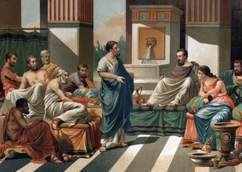 Periander (zsarnok, vagy Korinthosz királya) lakomája a hét görög bölcsnek. balról jobbra: Bias, Esop, Anacharis, Cleobule, Solon, Pythagoras, Periander és felesége, Melisse.Miután „” La Ciencia y sus Hombres by Louis Figuier””. Barcelona 1