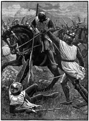 Az eveshami csata, 1265. augusztus 4. (c1800). Evesham a második bárók háborújának végét jelentette. Az Edward herceg (I. Edward) vezette királypárti erők legyőzték Simon de Montfortot (c1208-1265), aki a csatában elesett. Itt III. Henrik (1207-1272), aki 