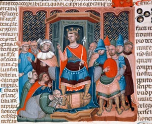 I. Justinianus bizánci császár (482-565) körülveszi miniatűr udvarának jogászait és katonáit a Justinianus-kódexből (Codex Justinianus), I. Jusztinianus római császár (483-565) alatt kiadott törvények és intézmények gyűjteményéből.