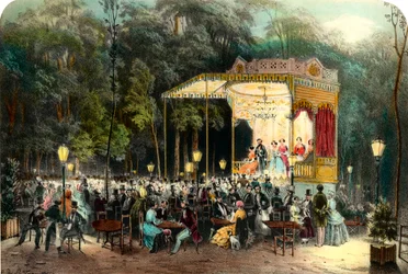 A Cafe des Ambassadeurs aux Champs Elysees metszet 1853-ból Magángyűjtemény