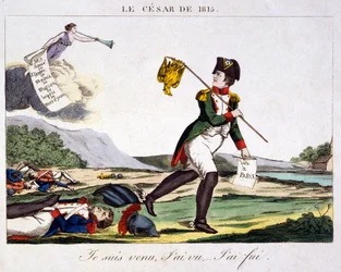 Az 1815-ös Caesar - Jöttem, láttam... elfutottam. Karikatúra I. Napóleonról, amint elmenekül a csatatérről, ahol a halott francia katonák szétszórva hevernek. Metszet, 1815 - Napóleon Bonaparte (1769. 08. 15. - 1821. 05. 05.) francia katonai és politikai
