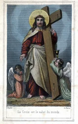 A kereszt a világ megváltása. Népszerű képek a keresztet hordozó Krisztusról. Két angyal áll mellette. 1850 körül.