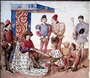 Bretagne hercege bemutatja kardját a fegyverek királyainak Miniatűr, amely az Anjou-i René király (I. René nápolyi) (1409-1480) tornái könyvéből származik, 1460 Párizs környékén, B.N.