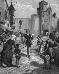 Ulrich von Hutten (1488-1523) német lovag, költő és humanista az utcán kikiáltja egyik versét. századi metszet. Jules Michelet „Histoire de France” című művében