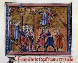 A görög művész, Zeuxis (Kr. e. 5. század) Júnó szobrát faragja játszó és küszködő fiatal férfiak előtt Miniatűr Marcus Tullius Ciceron (Kr. e. 106-43) Antiochiai János által fordított „Retorika” című kéziratából.