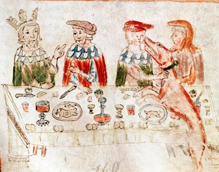 III. Kis Pippin frank király (714-768) és fia, Nagy Károly egy lakomán. Miniatúra egy 12. századi kéziratból. Velence, Biblioteca Nazionale Marciana