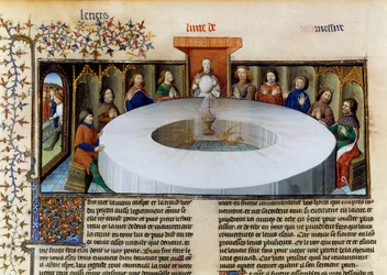 A kerekasztal lovagjai a Lancelot történetéből. A Szent Grál megjelenése a Kerekasztal Lovagjai előtt, miniatűr a Lancelot történetéből, velin