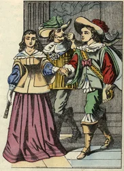 Carabas márkija, a hercegnő és a király a kastélyban. Illusztráció Charles Perrault „The cat botte” című meséjéről
