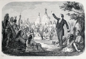Joseph Smith mormon próféta az indiánokat prédikálja (Észak-Amerika). 19. századi illusztráció.