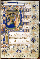 Krisztus születése egy 14. századi kóruskönyvben ábrázolva. Milánó, Biblioteca Nazionale Braidense.