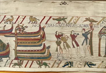 A normannok kihúzzák hajóikat a tengerhez, Bayeux Tapestry (gyapjú hímzés vászonra)