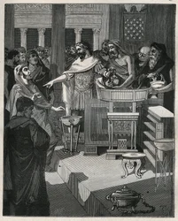 Caligula római császár (12-41) egy brokanterben Római Galliában. Metszet 1885-ből Adolphe BITARD „Les arts et metiers illustres” című könyvében.
