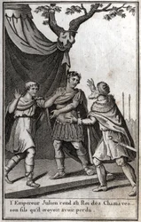 Julianus római császár (Flavius Claudius Julianus, Julianus hitehagyott, Julianus, a filozófus, II. Julianus) (332-363) visszaadja a chamave-i germán nép királyának fiát, akiről azt hitte, hogy elvesztette. 4. század. Metszet a „Beaute de l