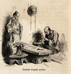 A természet utáni véső. Aime Humbert, a Svájci Államszövetség minisztere, a „Le tour du monde, nouveau Journal des voyages” című 1863–1864-es japán utazást illusztráló metszete Edouard Charton irányítása alatt jelent meg.