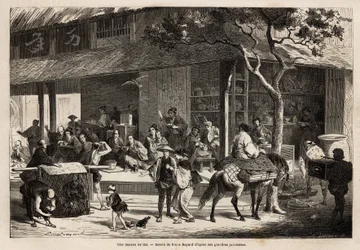 Egy ház animációja és az utca tevékenysége. Aime Humbert, a Svájci Államszövetség minisztere által az 1863-1864-es japán utazást illusztráló metszet a „Le tour du monde, nouveau Journal des voyages” című folyóiratban, amely irányítása alatt jelent meg.