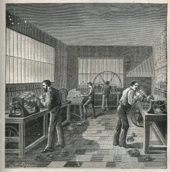 Az eszterga művészete: fémmunka egy esztergályos-repeller műhelyében. Metszet 1885-ből Adolphe BITARD „Les arts et metiers illustres” című könyvében.