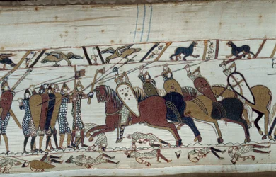Anglia meghódítása Normandia hercege, Hódító Vilmos (1027-1087) által 1066-ban: a hastingsi csata jelenete a normann gyalogsággal és a szász lovassággal szemben Bayeux kárpitjának részlete vagy Mathilde királynő hímzése